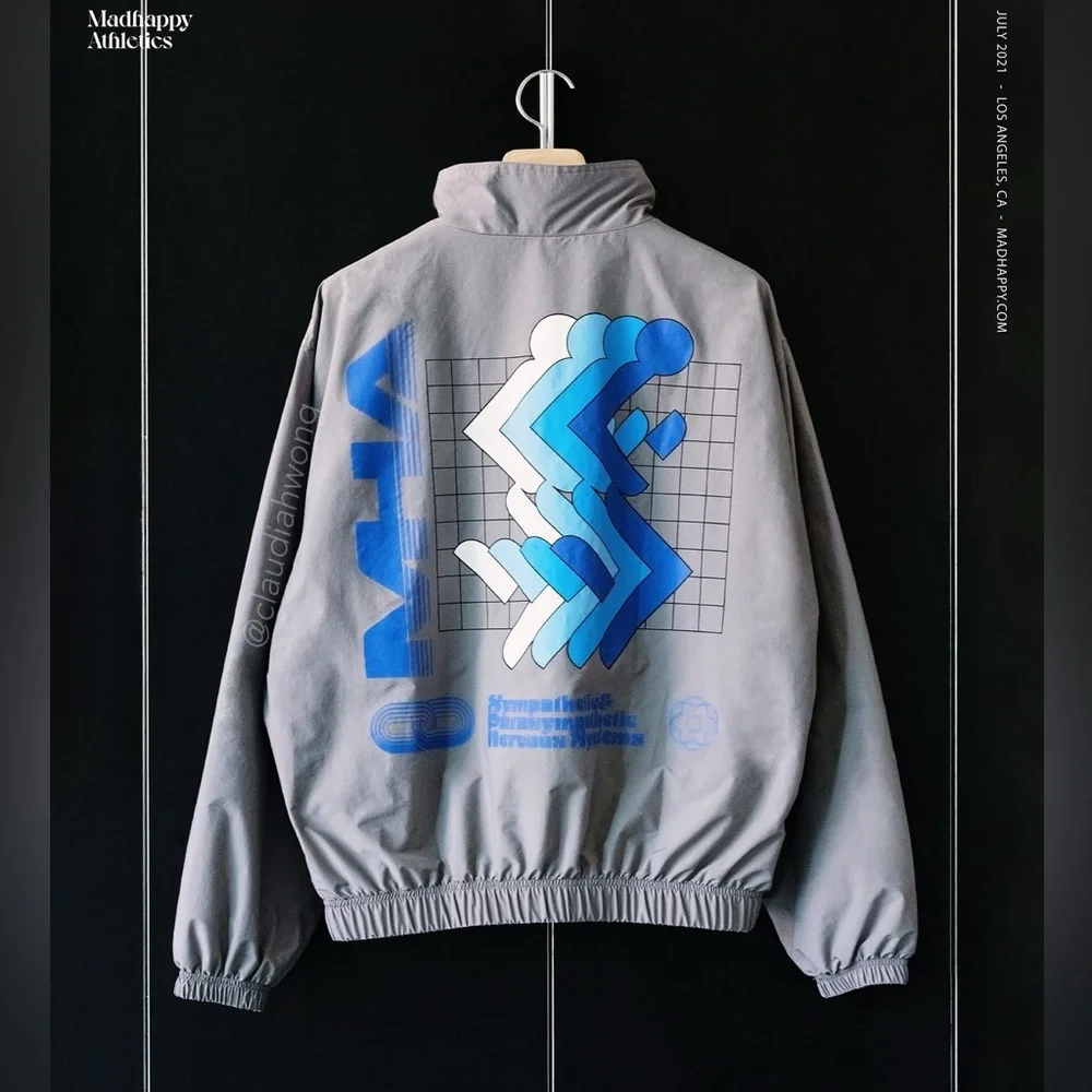 MADHAPPY Athletics Nylon Warm Up Graphic Bomber Jacket in Grey
